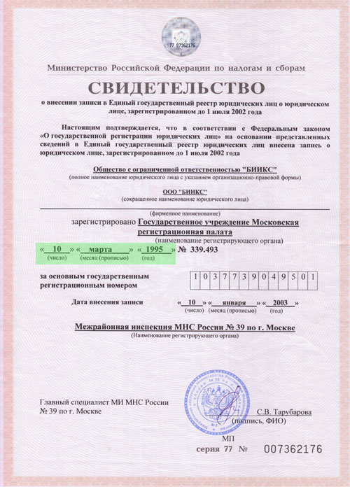 свидетельство о регистрации 1995